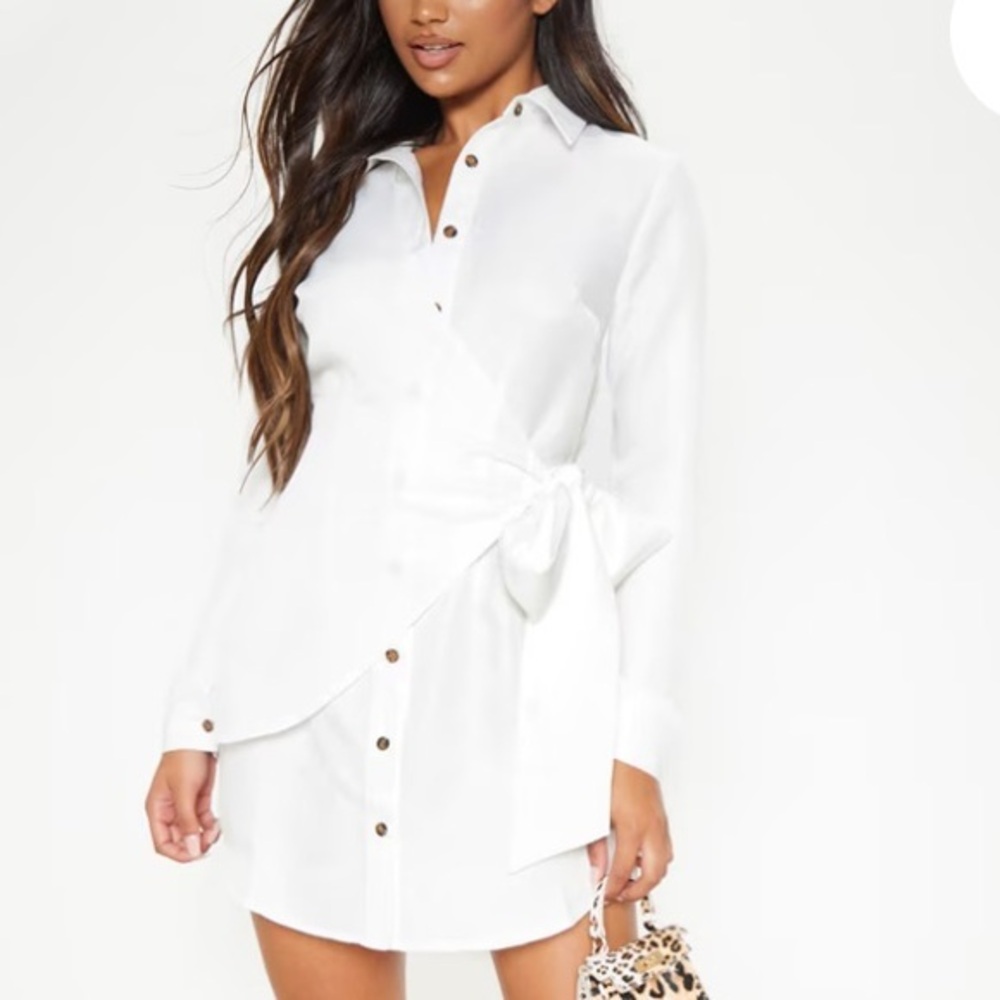 PrettyLittleThing White Tortoise Button Wrap Tie Shirt‎ Dress Long Sleeve Sz S